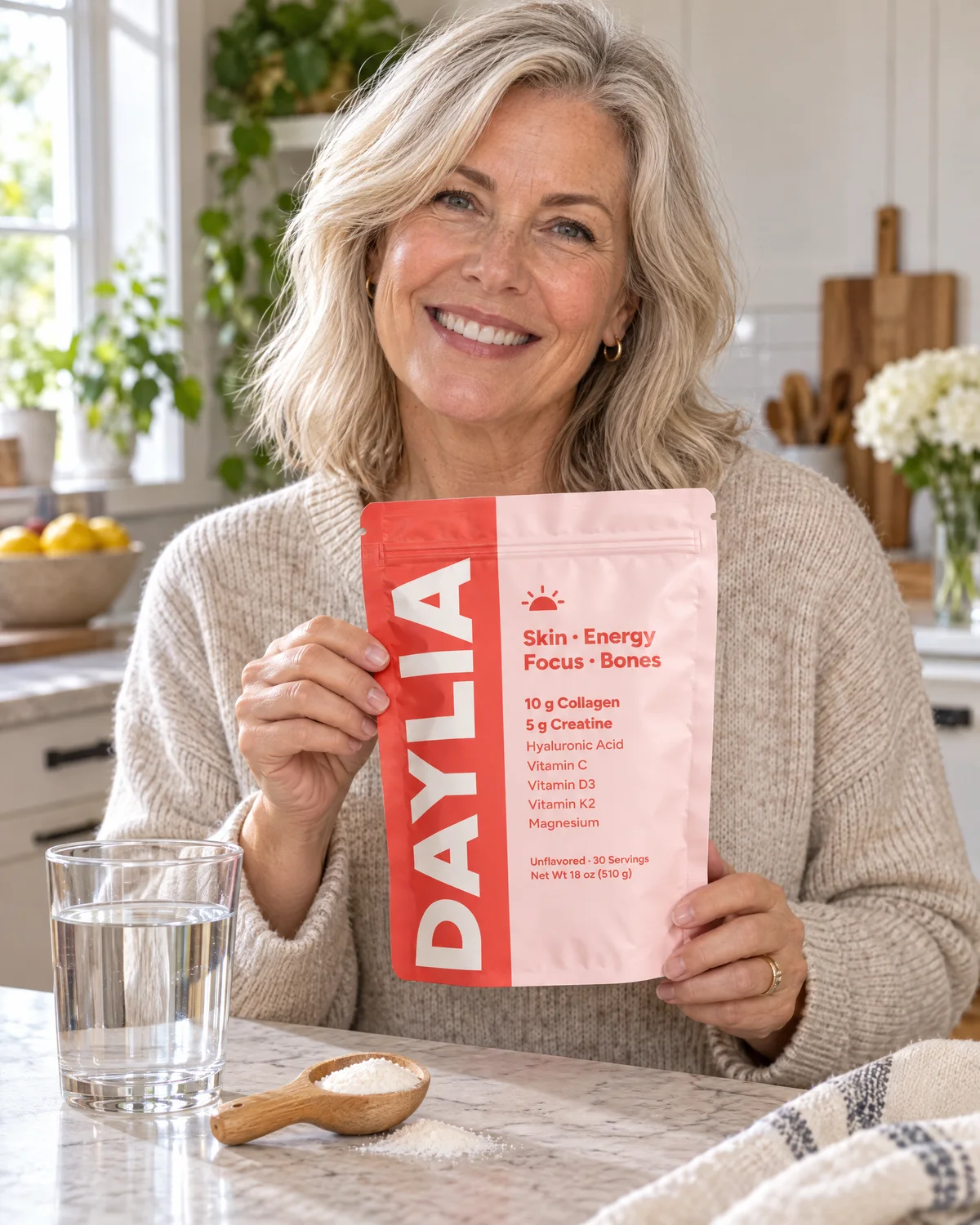 Holding a bag of Daylia in the kitchen